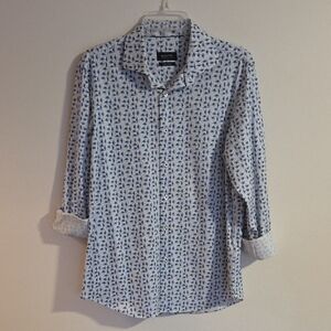 Bugatchi Men's Blue and White Patterned 8 Way Stretch Shirt